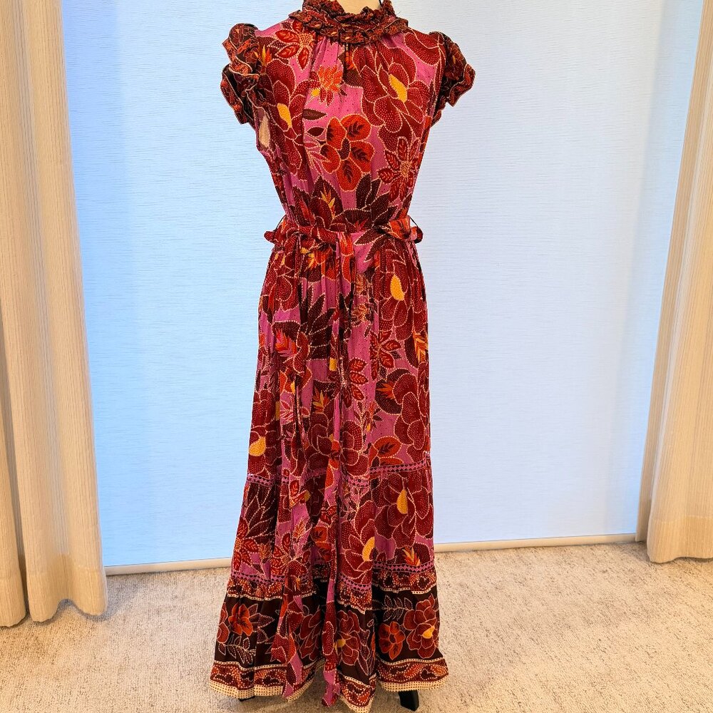 Farm Rio Pink Floral Ruffle Sleeve Midi Dress Size Large